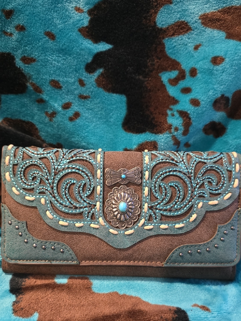 Turquoise & Brown Embroidered Women's Wallet with Concho Accent